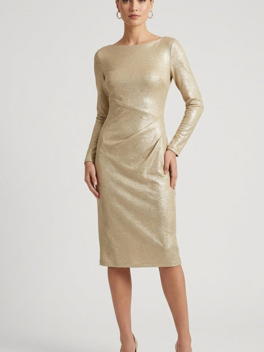 Lauren Ralph Lauren Gold Metallic Long Sleeve Midi Dress Size 12